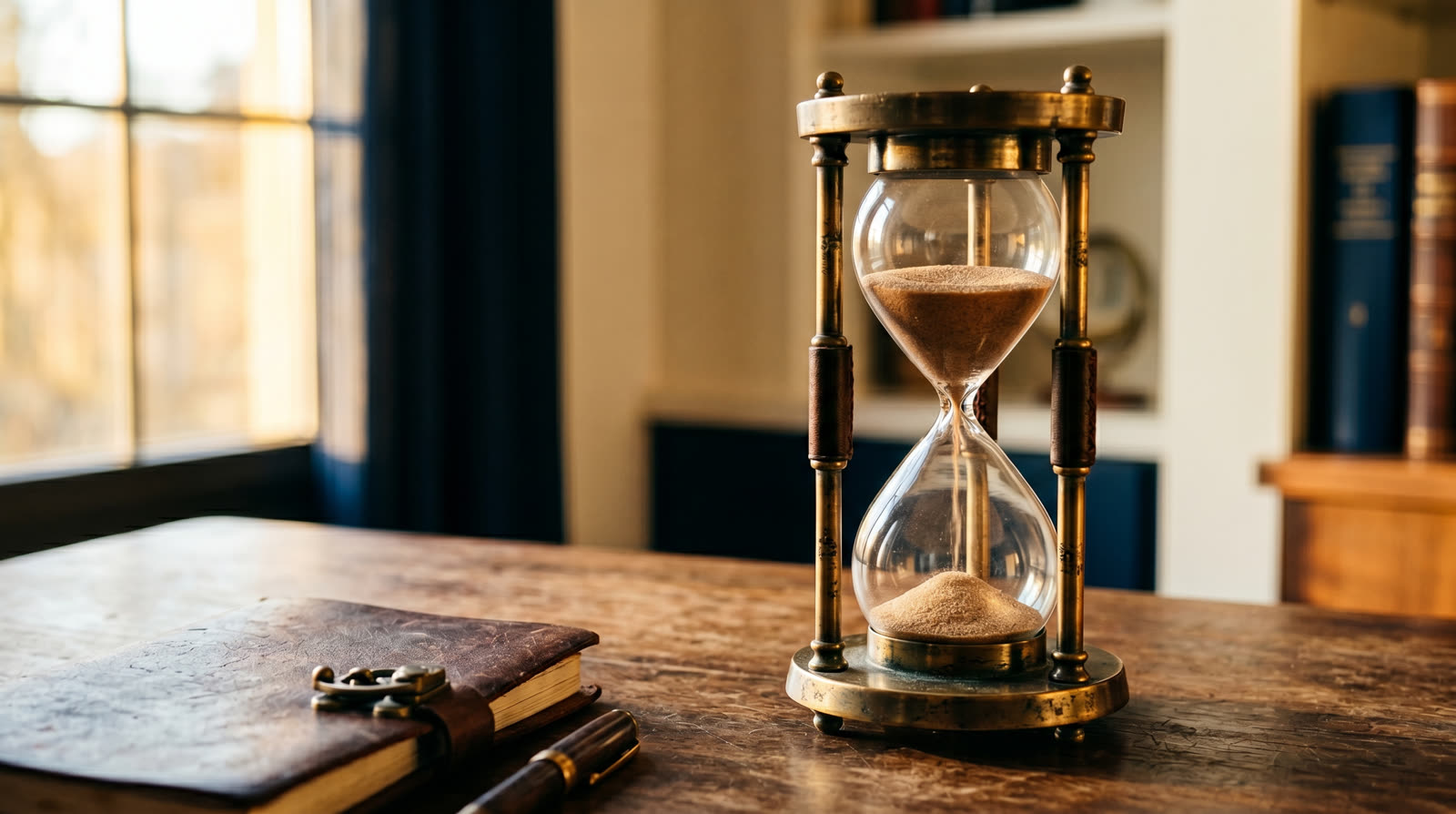 Antique brass hourglass on a warm wooden desk in golden-hour light, sand mid-flow, beside a leather-bound notebook. Time is the most precious commodity.